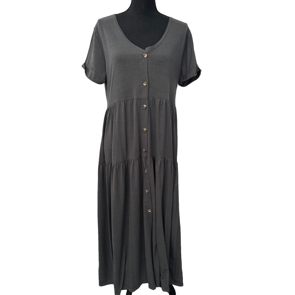 Anna Kaci Large V neck Short Sleeve Flowy Swing Cocktail Work Maxi Dress Gray